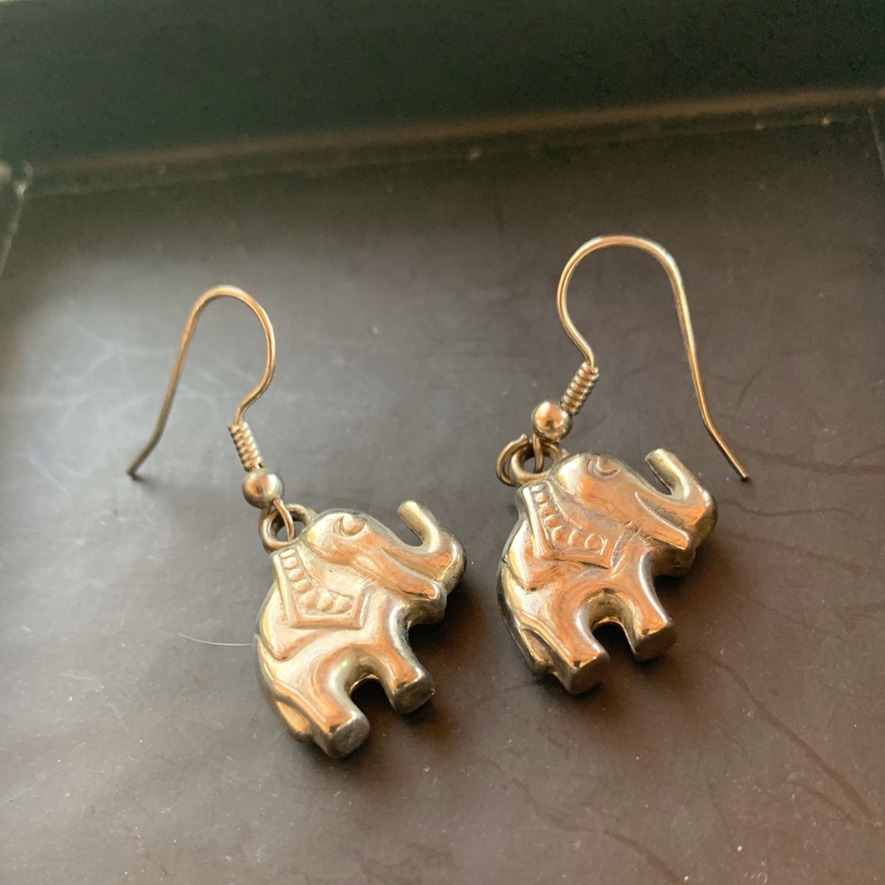 Vintage Elephant Pierced Silver Earrings